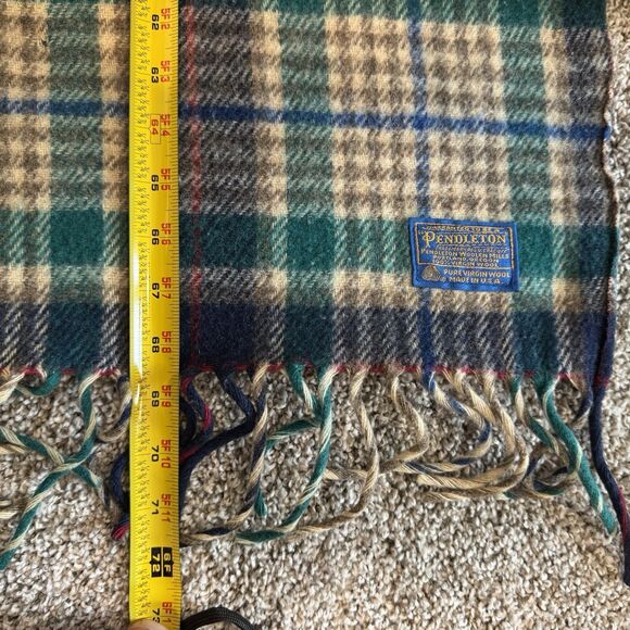 Vintage Pendleton Green Plaid 4” Fringe Made In USA Virgin Wool Blanket 69x52 in - Picture 5 of 8